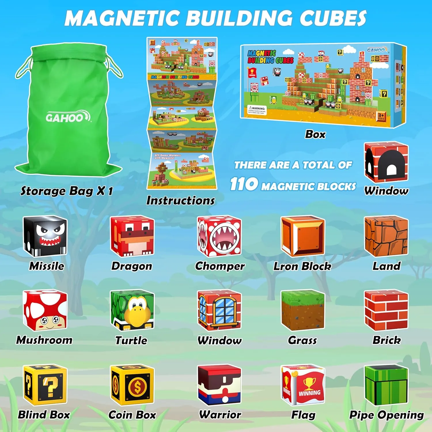 Magnetic Blocks, 110Pcs Build 3D Magnet Building Toys World with Magnet Tiles, STEM Kids Sensory Toy, Toy Magnetic Building Set Xmas Gift for Age 3 4 5 6-10 Year Old Boys Girls