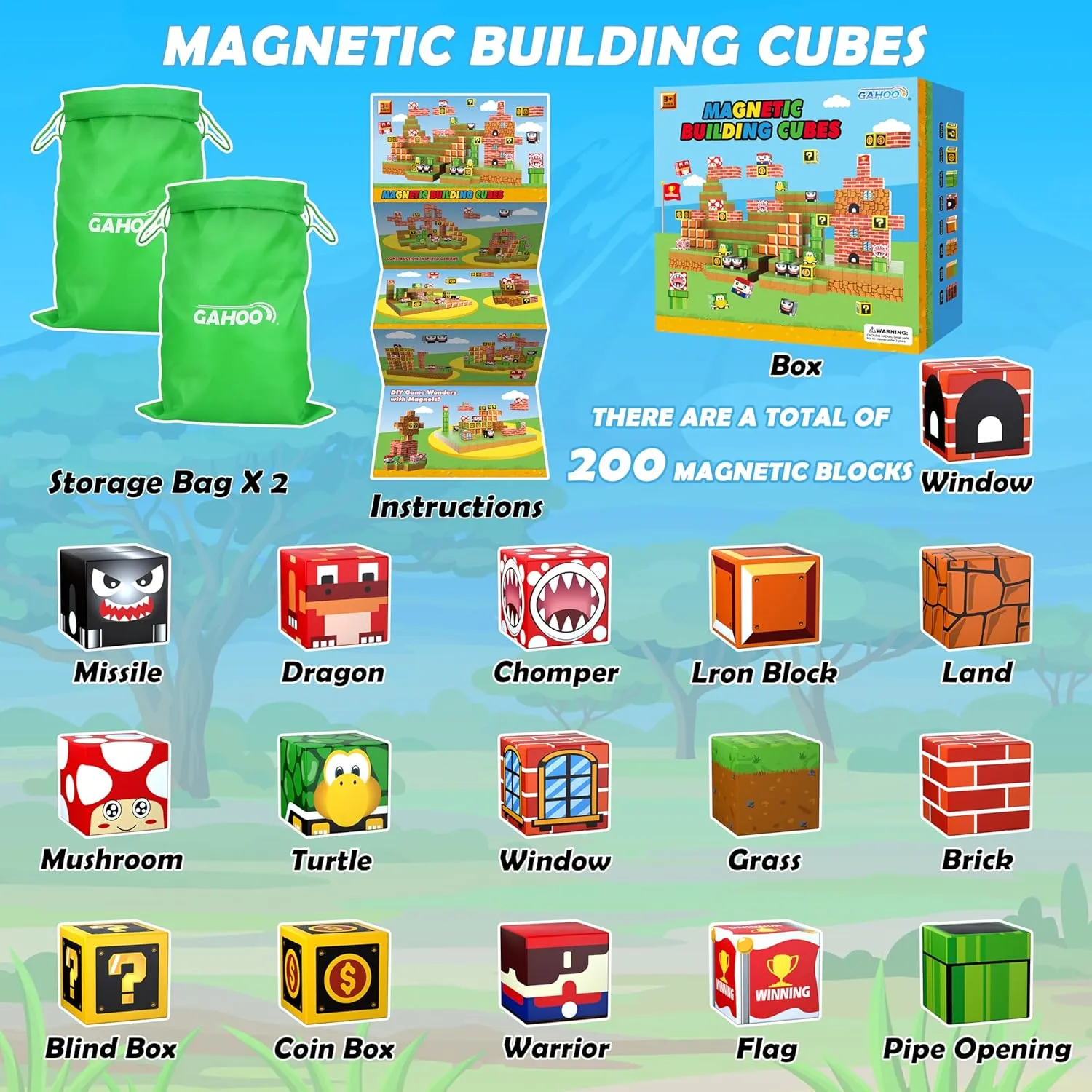 Magnetic Blocks - 200PCS Build 3D Magnet Building Toys World with Magnetic Tiles, STEM Kids Sensory Toys, Toy Magnet Building Set B-Day Gifts for Age 3 4 5 6-10 Year Old Boys Girls