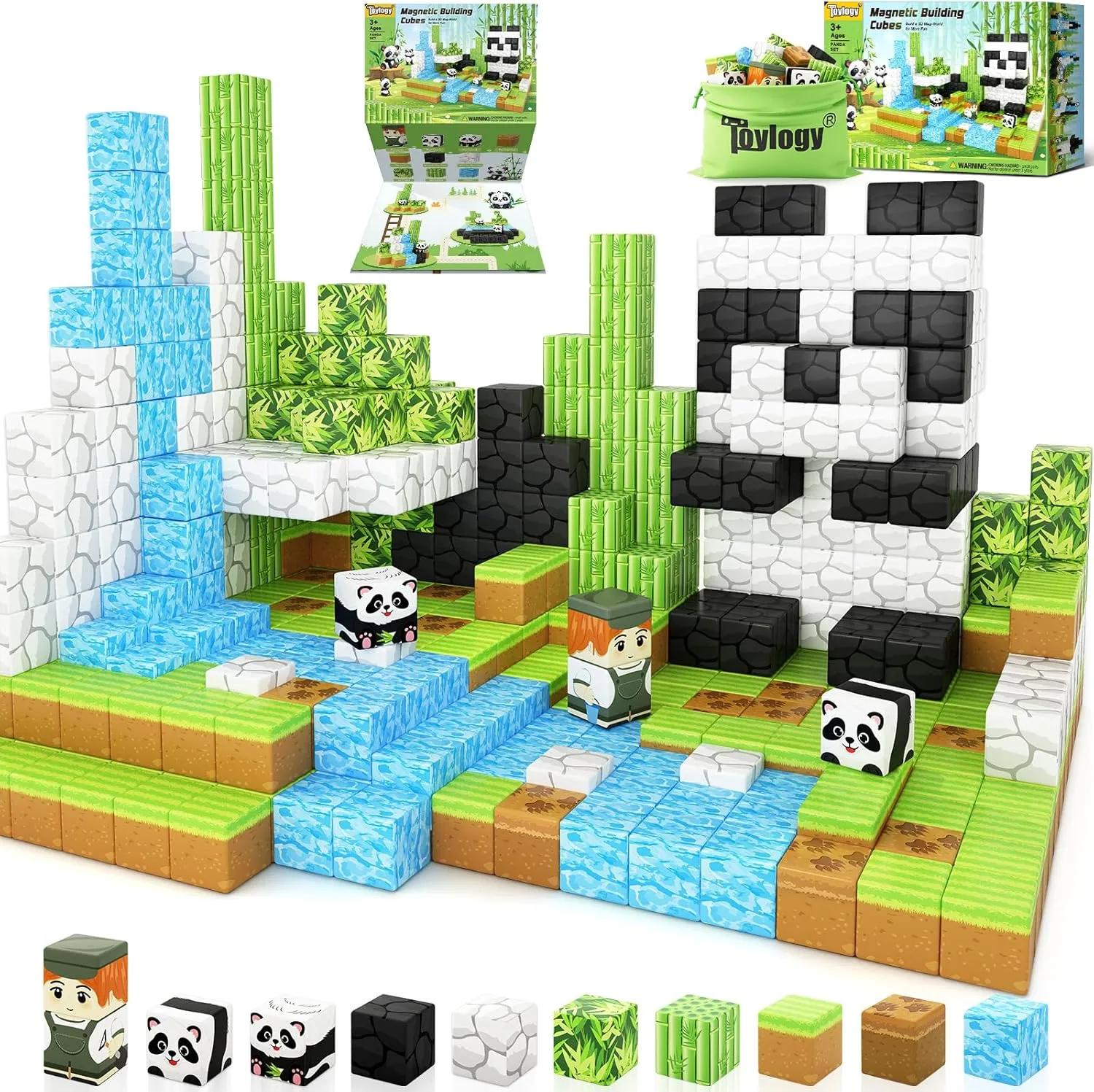 Magnetic Blocks-Build Mine Magnet World Panda Edition, Magnetic Tiles Building Blocks for Boys & Girls Age 3-5 4-8 5-7, Kids STEM Sensory Learning Outdoor Toys for 3  Years Old Girls Boys Gifts