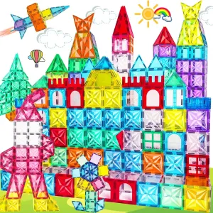 Magnetic Tiles, 100PCS Magnetic Blocks Set, 4D Diamond Magnet Building Blocks, STEM Preschool Educational Magnet Toys Gift for Kids, Boys and Girls 3 4 5 6 7 8  Year Old