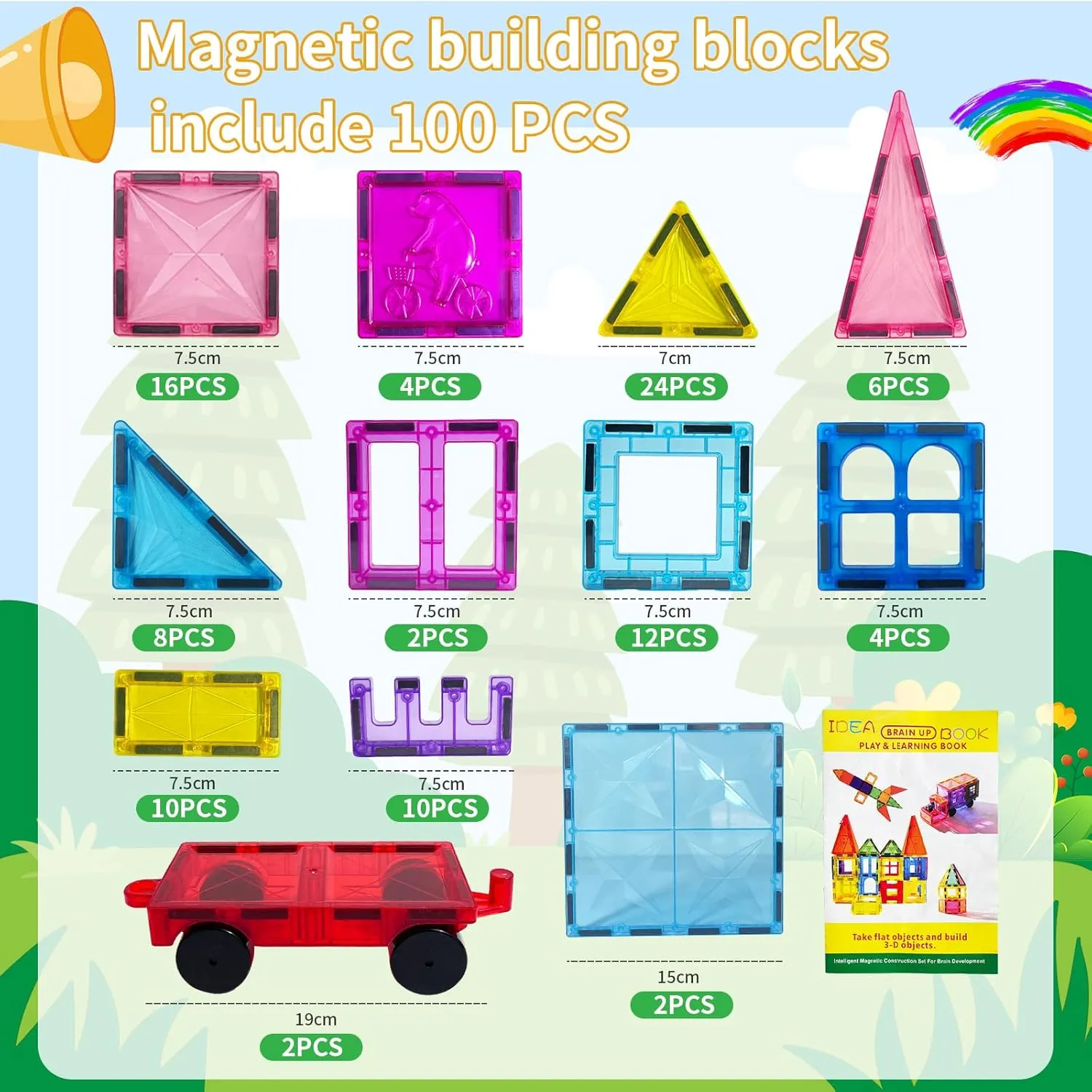 Magnetic Tiles, 100PCS Magnetic Blocks Toy Set with 2 Cars, 3D Diamond Magnet Building, STEM Preschool Educational Sensory Montessori Magnet Toys Gift for Kids, Boys and Girls 3 4 5 6 7 8  Year Old