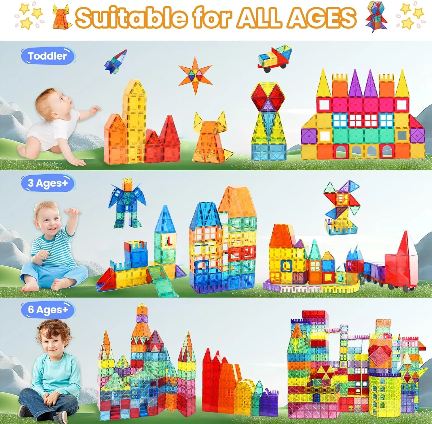 Magnetic Tiles - 130PCS Magnetic Blocks for Kids, Magnet Tiles Building Blocks Set with 2 Cars, Construction STEM Magnet Toys Gift for Kids, Boys and Girls 3 4 5 6 7 8  Year Old