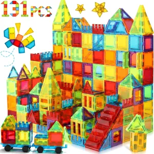 Magnetic Tiles, 131PCS Magnetic Blocks with 2 Cars, Learning Magnetic Building Blocks Sets, Educational Magnets Tiles Toys for Boys Girls Kids Ages 3 4 5 6 7 8 9  Year Old