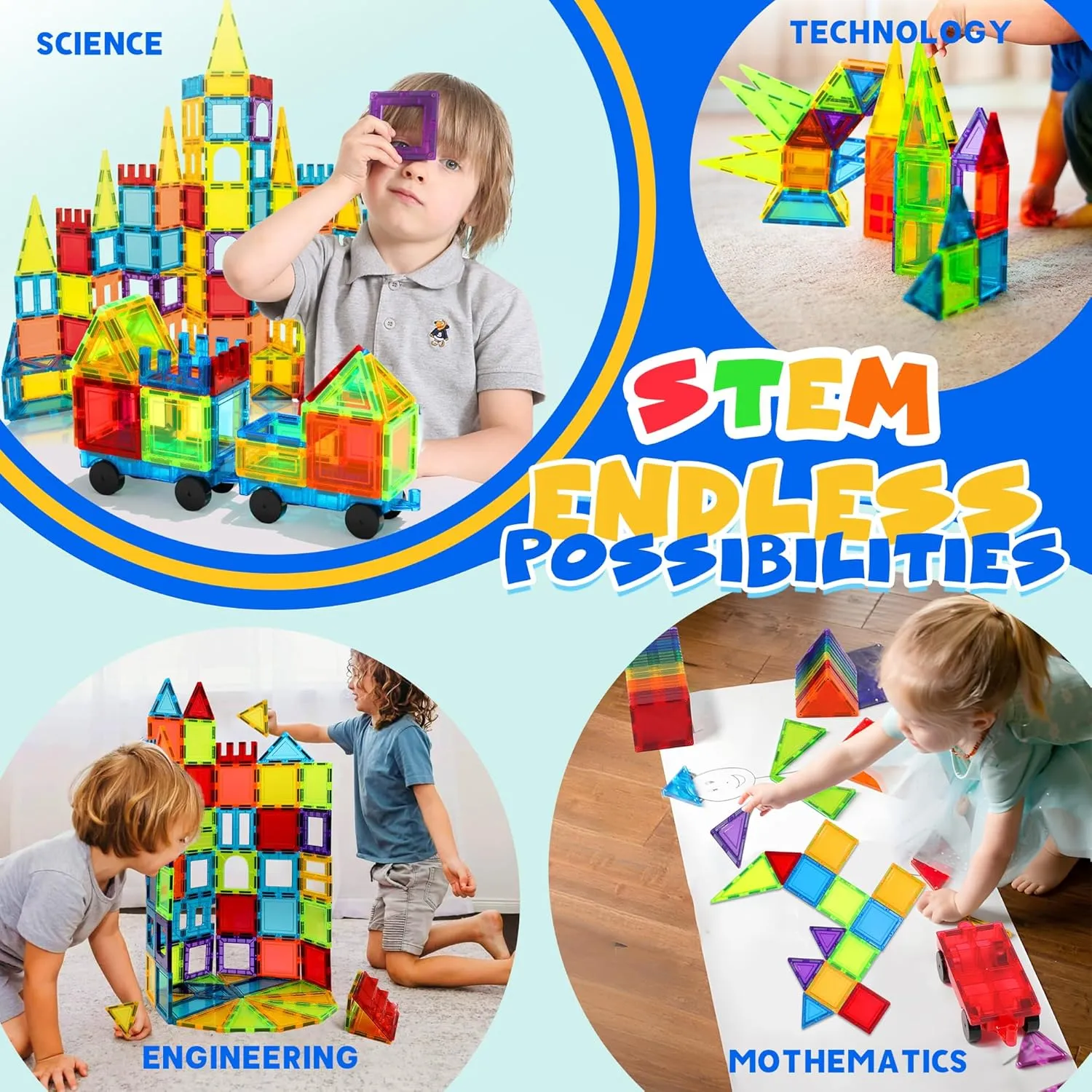 Magnetic Tiles, 131PCS Magnetic Blocks with 2 Cars, Learning Magnetic Building Blocks Sets, Educational Magnets Tiles Toys for Boys Girls Kids Ages 3 4 5 6 7 8 9  Year Old