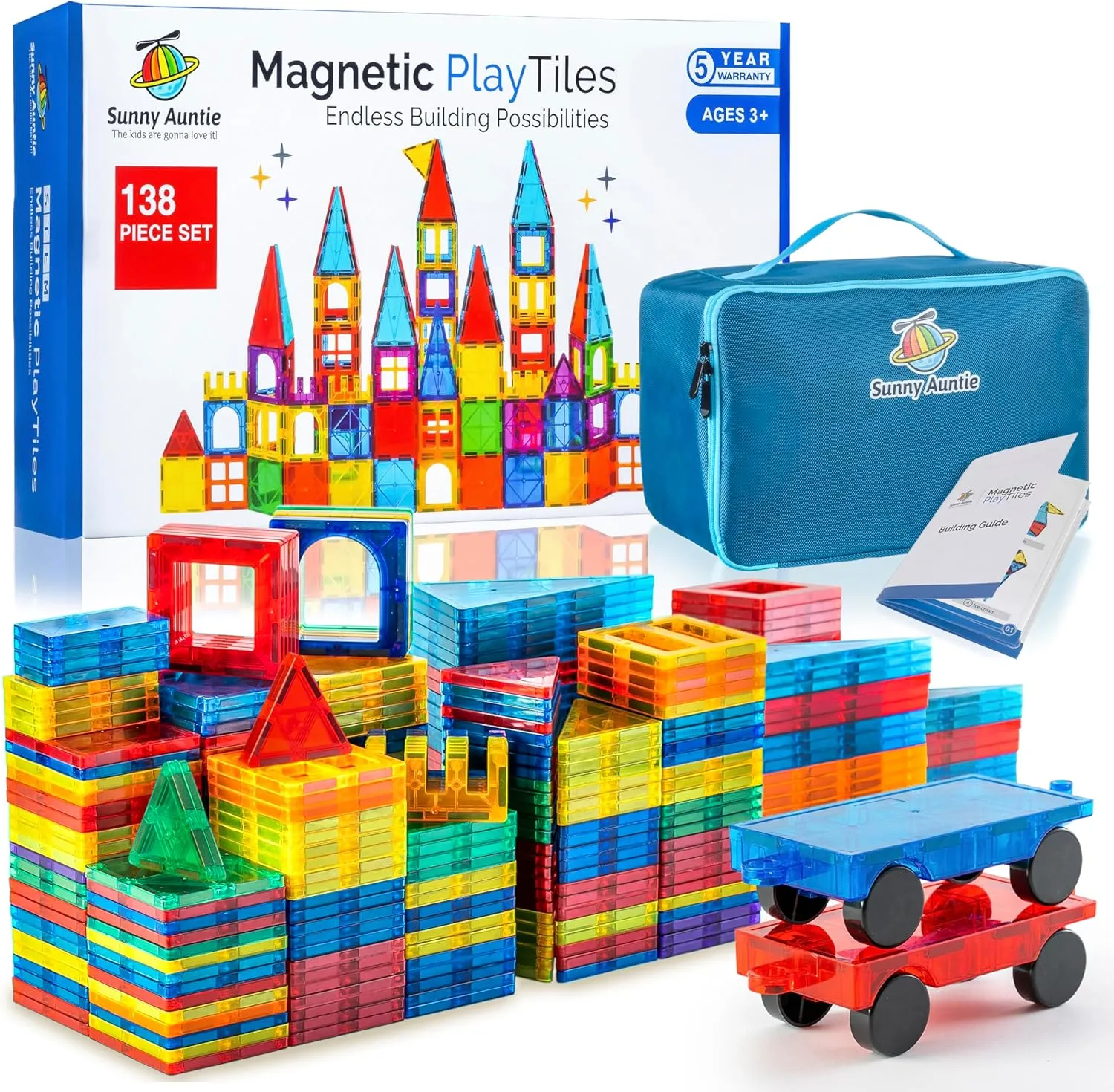 Magnetic Tiles 138 PCS  Bonus Zippered CASE, Magnetic Tiles for Kids Toy for 3 4 5 6 7 8 Year Old Boys & Girls, Great Gift for Kids Aged 3-8, XL Set