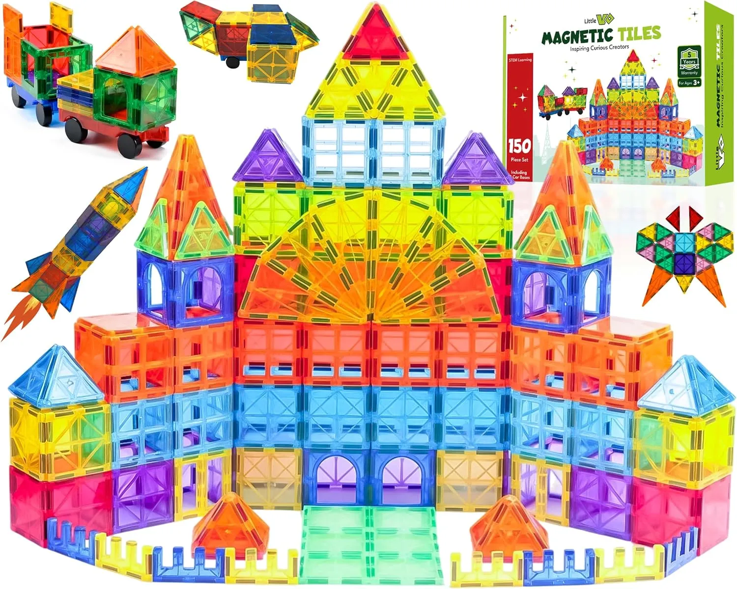 Magnetic Tiles 150 PCS with 2 Cars – STEM Building Blocks for Kids, Educational Gift for Boys & Girls