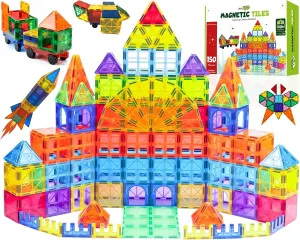 Magnetic Tiles 150 PCS with 2 Cars – STEM Building Blocks for Kids, Educational Gift for Boys & Girls