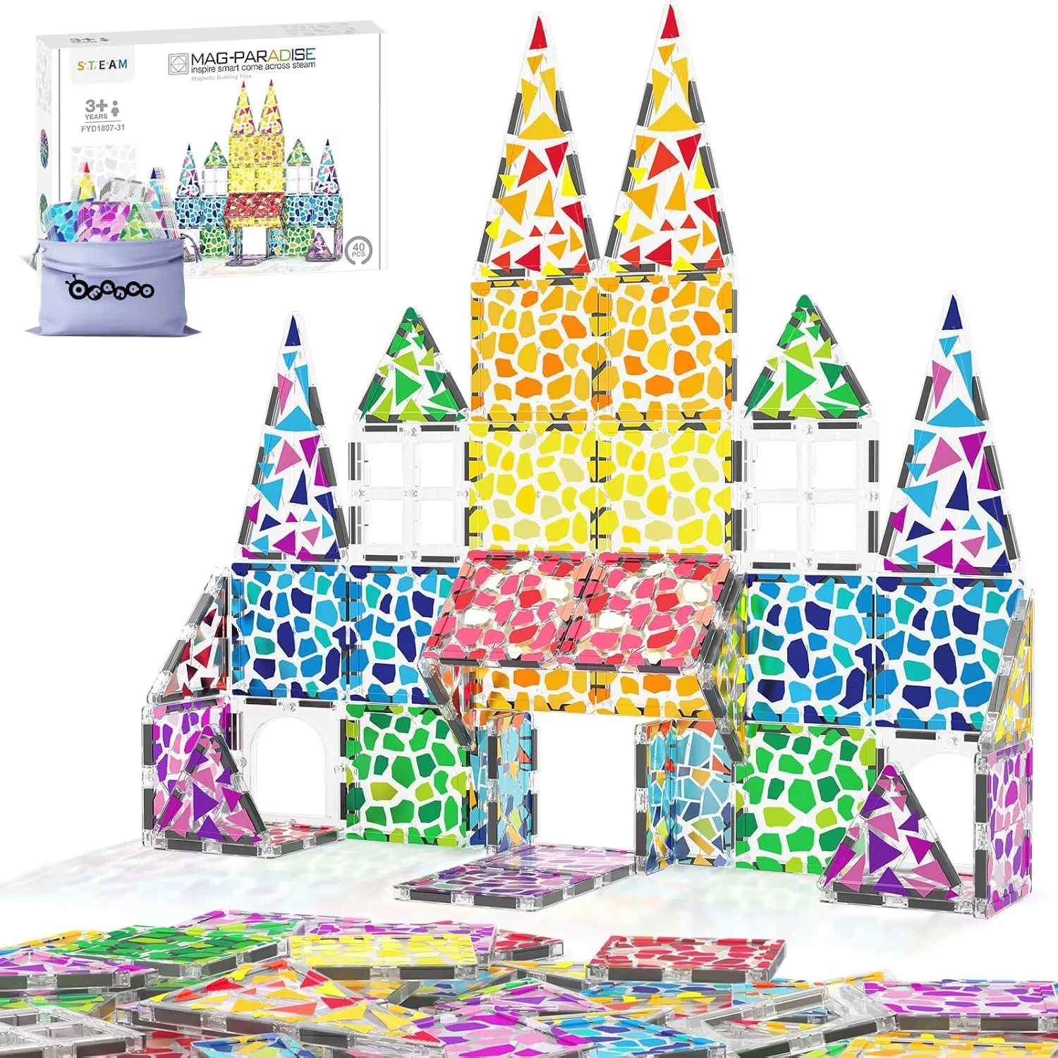Magnetic Tiles, 40PCS Magnet Tiles, Magnetic Building Blocks, Magnets for Kids Ages 3-12, STEM Learning Toys Sensory Montessori Toys Gift for Kids 3  Boys and Girls