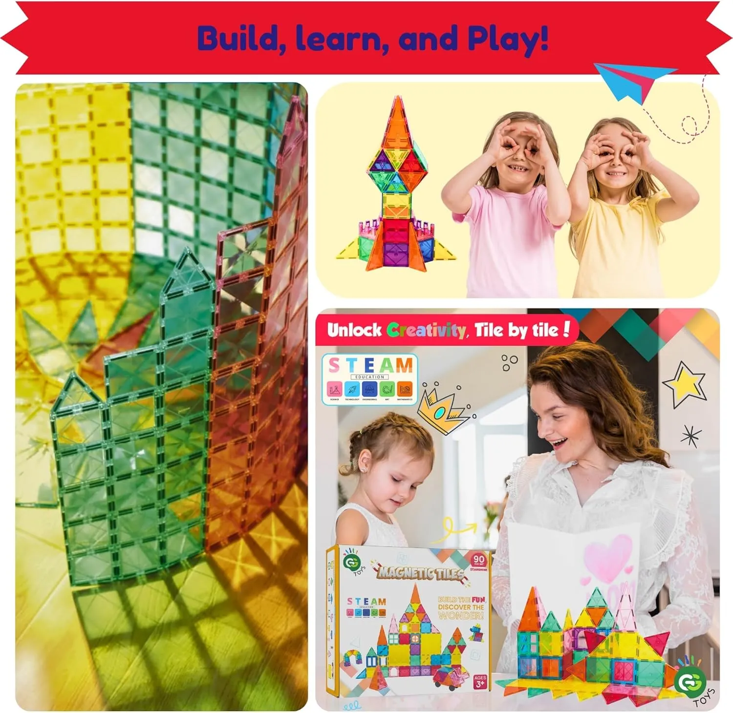 Magnetic Tiles 90 PCS Rainbow Castle Set Magnetic Blocks, Montessori 3D STEM Building Blocks, Sensory for Kids Ages 3-9, Educational and Preschool Toys, Gift for Toddlers, Girls & Boy