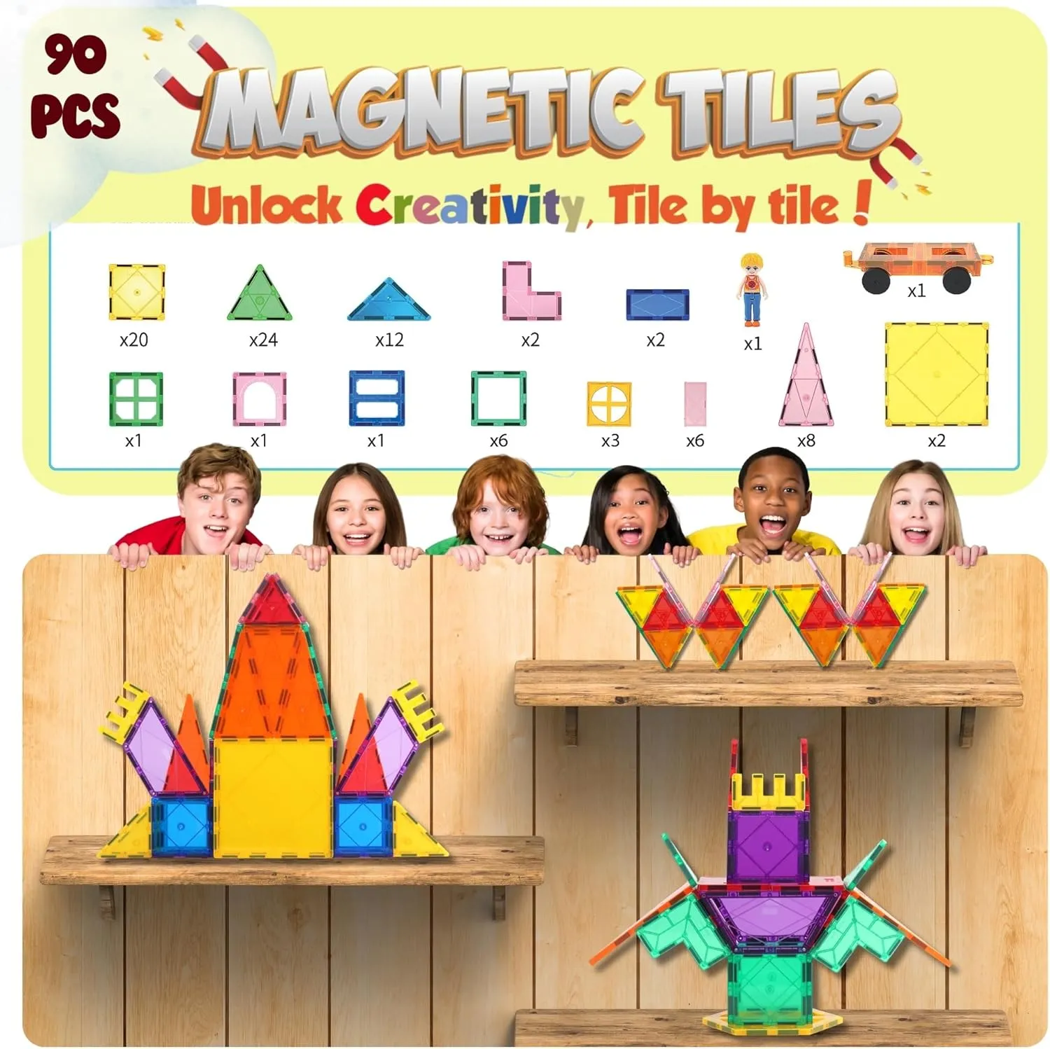 Magnetic Tiles 90 PCS Rainbow Castle Set Magnetic Blocks, Montessori 3D STEM Building Blocks, Sensory for Kids Ages 3-9, Educational and Preschool Toys, Gift for Toddlers, Girls & Boy