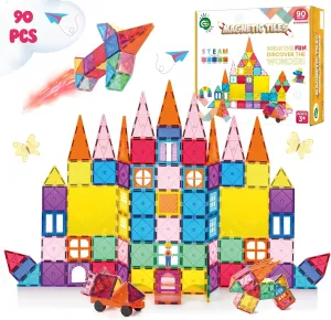 Magnetic Tiles 90 PCS Rainbow Castle Set Magnetic Blocks, Montessori 3D STEM Building Blocks, Sensory for Kids Ages 3-9, Educational and Preschool Toys, Gift for Toddlers, Girls & Boy