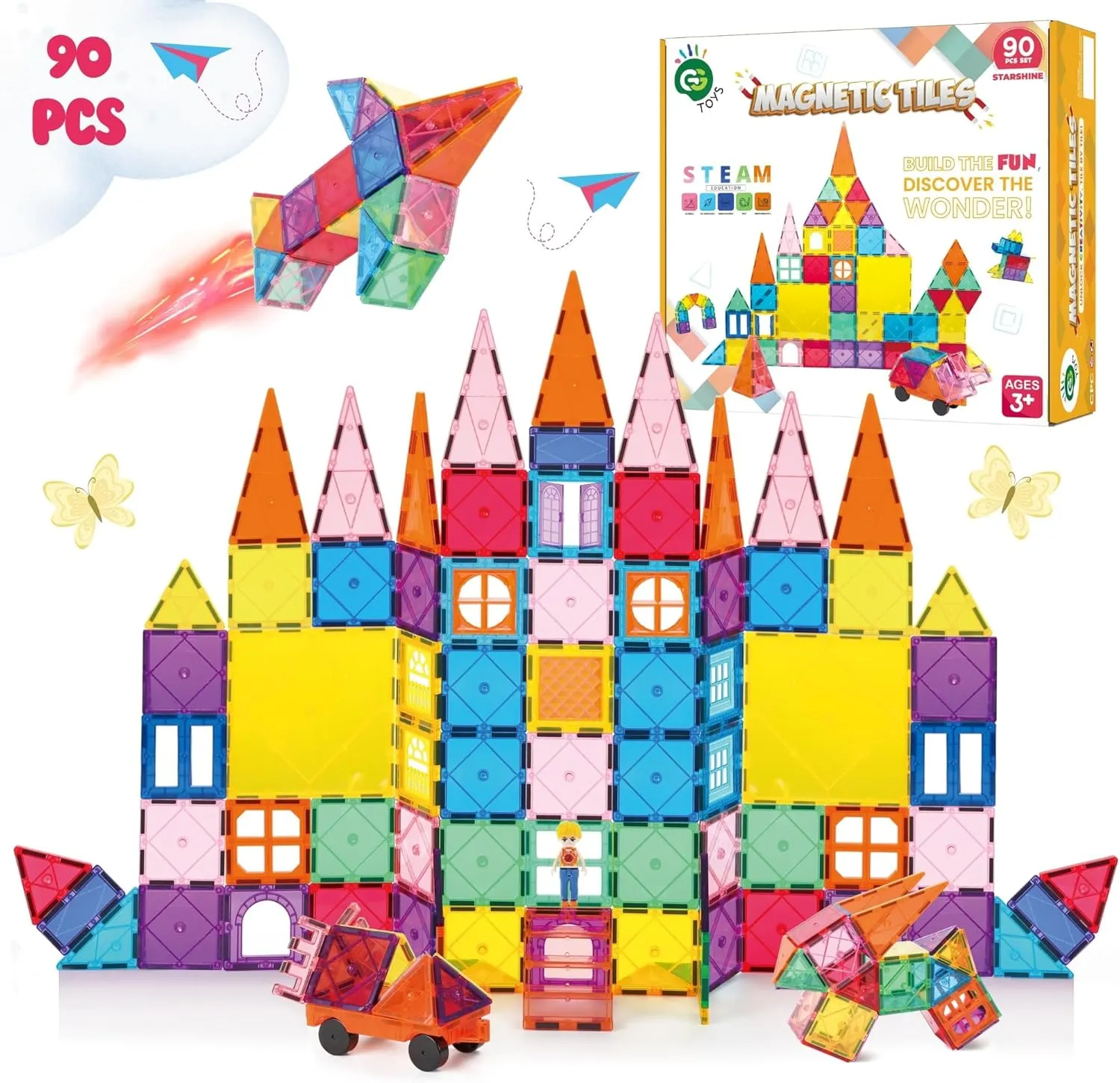 Magnetic Tiles 90 PCS Rainbow Castle Set Magnetic Blocks, Montessori 3D STEM Building Blocks, Sensory for Kids Ages 3-9, Educational and Preschool Toys, Gift for Toddlers, Girls & Boy