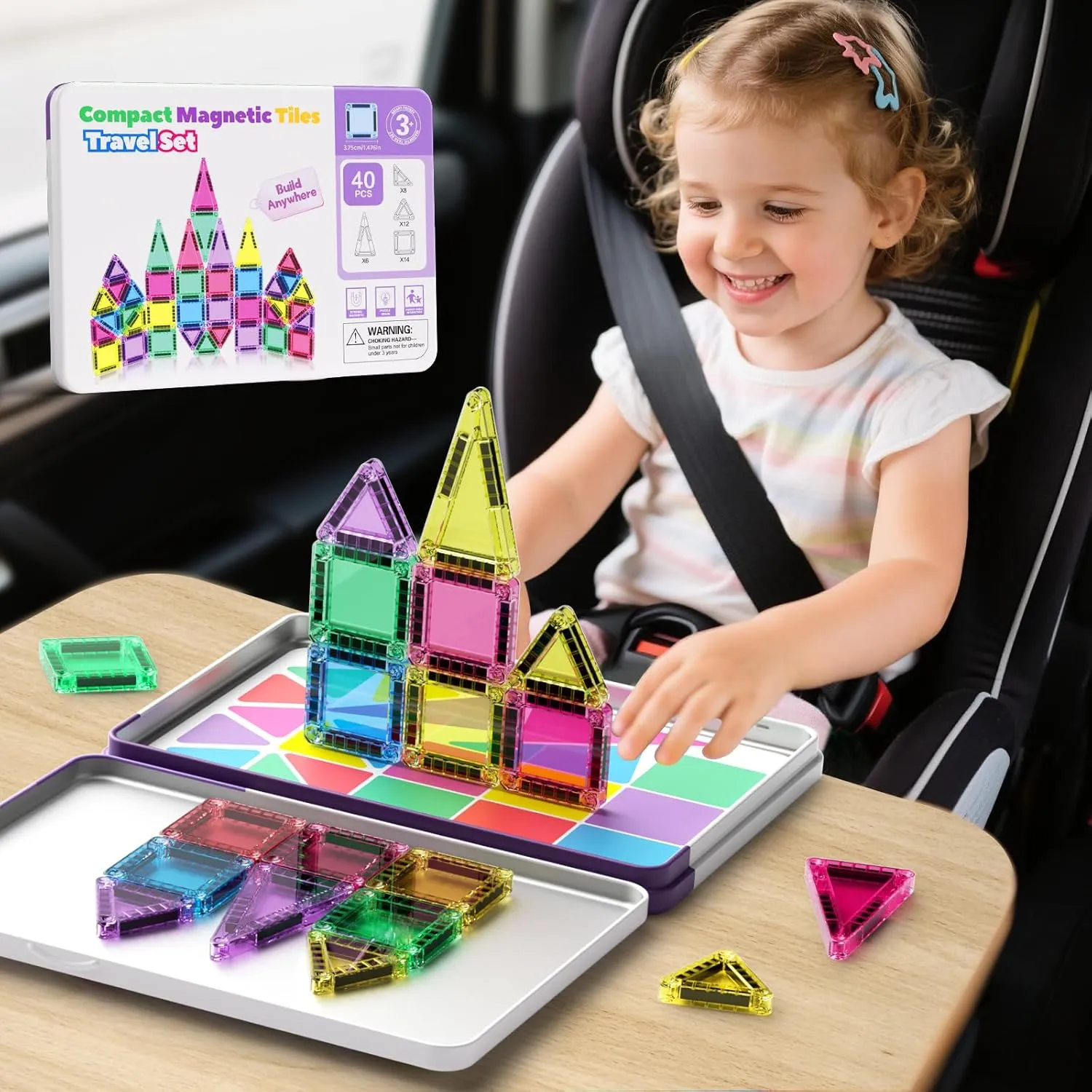 Magnetic Tiles Building Blocks, 40-Piece STEM Travel Toys for Kids, Mini Metal Tin Box, Classroom Sensory Play, Ideal for Ages 3-8