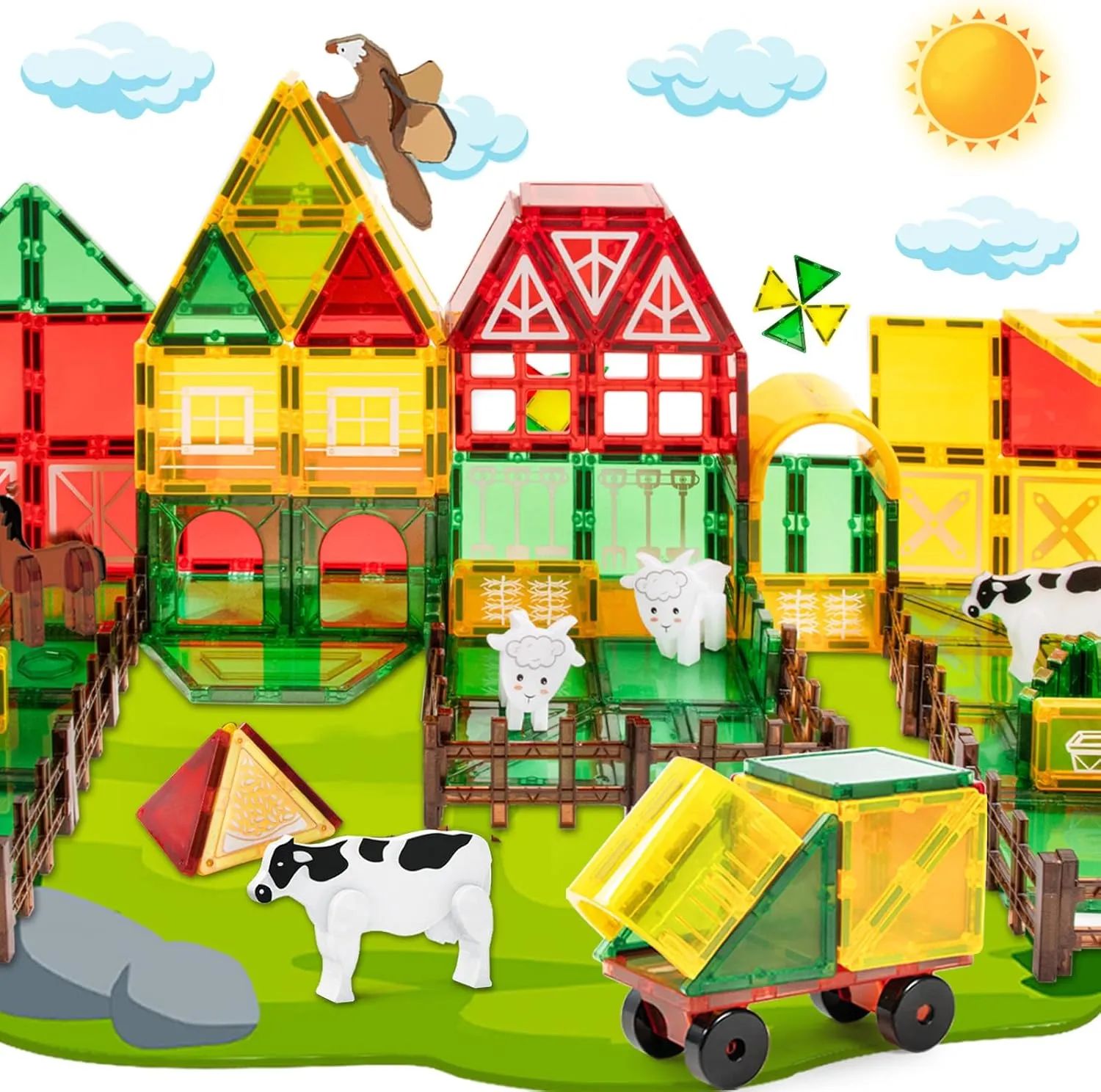 Magnetic Tiles Building Blocks,76Pcs Farm Animals Magnetic Blocks Tiles Toys for Kids Toys Ages 3-5   with Magnetics Animals STEM Gifts for Boys Sensory Play for Girls Preschool Learning