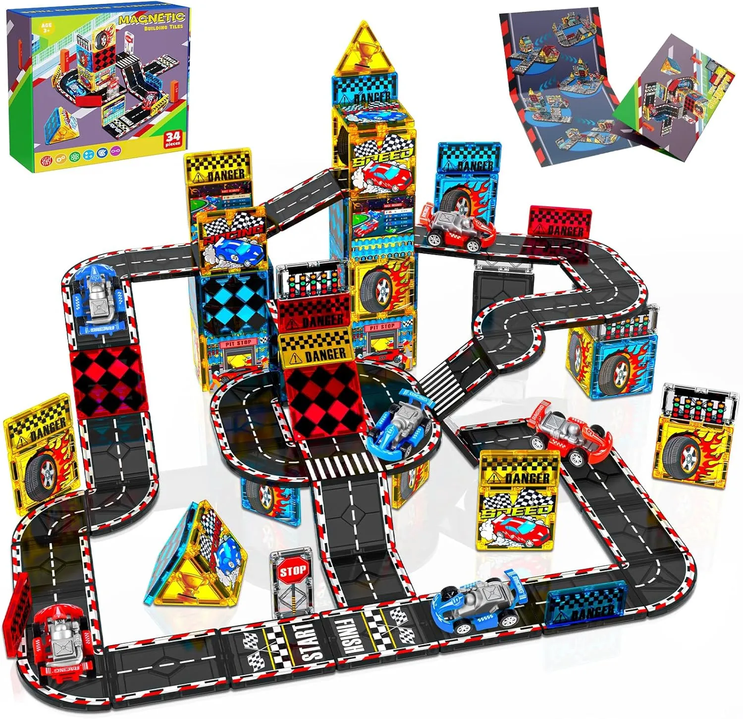 Magnetic Tiles Car Race Track, Magnet Car Racing Set Toys Building Block for Toddlers 3-5, Magnet Tiles STEM Construction Toy Playset for Kids Ages 4-8, Holiday Birthday Gifts for Boys Girls Age 3 
