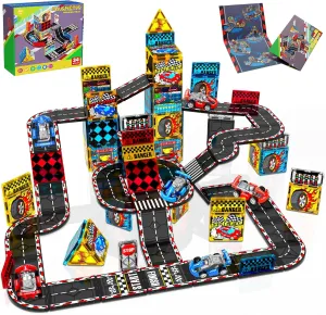 Magnetic Tiles Car Race Track, Magnet Car Racing Set Toys Building Block for Toddlers 3-5, Magnet Tiles STEM Construction Toy Playset for Kids Ages 4-8, Holiday Birthday Gifts for Boys Girls Age 3 