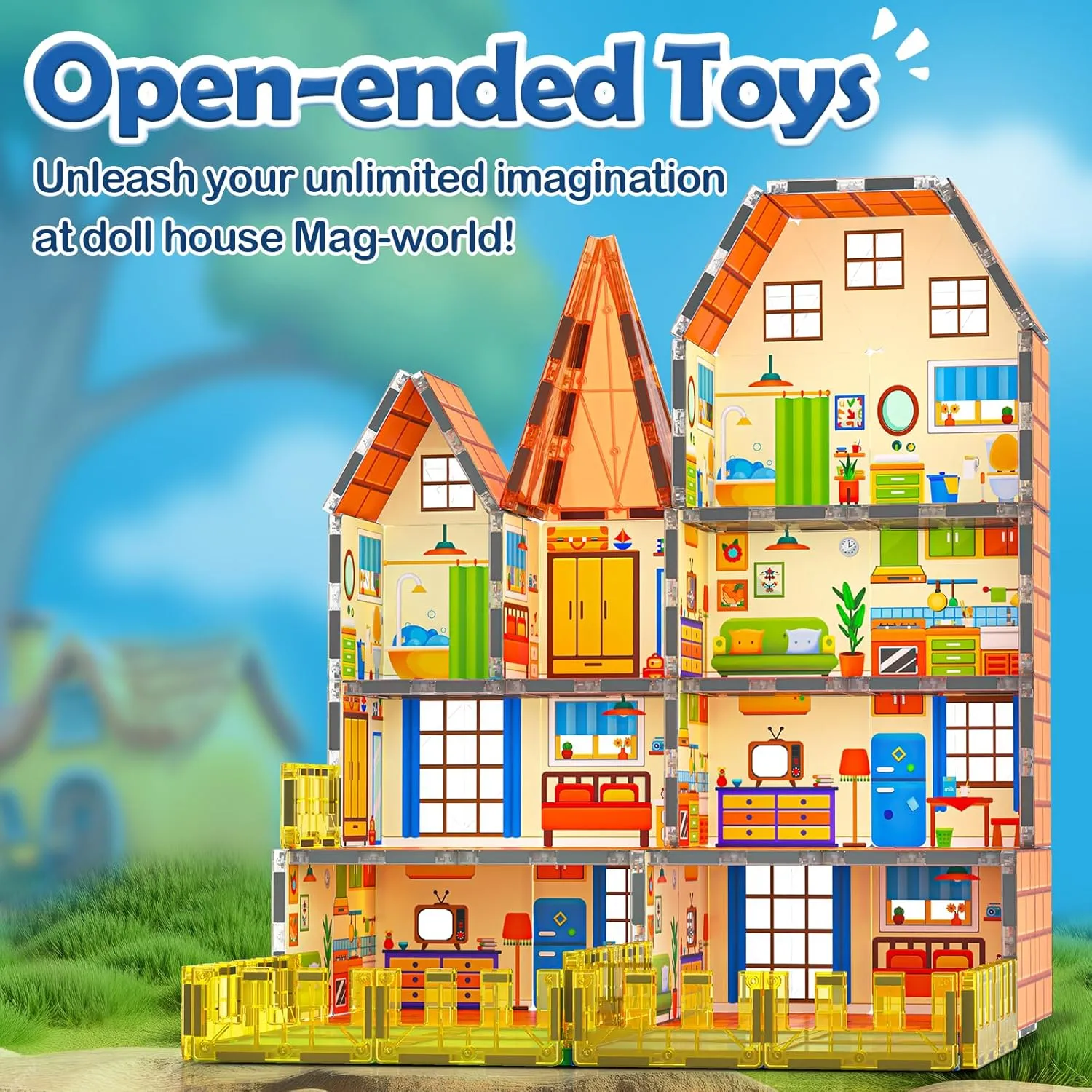 Magnetic Tiles-Doll House with Magnets for Kids Playhouse Tiles Edition Double Sided, Kids Toys Magnetic Blocks for Boys Girls Age 3-4 4-5 6-8, Stem Sensory Toy for Classroom Must Haves Building Toys