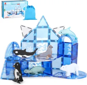Magnetic Tiles for Kids 3-8, Blue Magnet Building Blocks Set with 6 Arctic Animals and Exquisite Pattern, Learning Educational Toy for Toddlers, Birthday Xmas Gifts for Boys and Girls