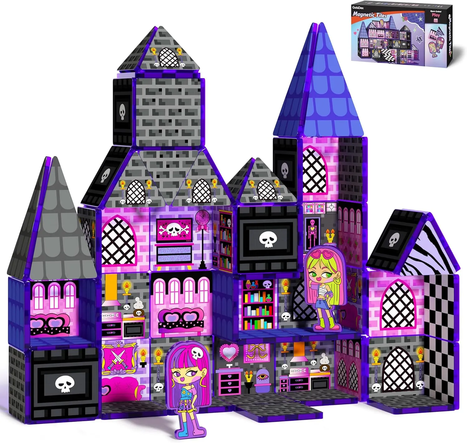 Magnetic Tiles for Kids Ages 3-5 4-8, STEM Magnetic Building Blocks Doll House with 2 Monster Themed Dolls, Magnet Sensory Toys Games Birthday Gift for 3 4 5 6 7 8  Year Old Girls, Classroom Must Have