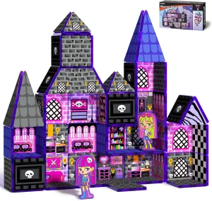 Magnetic Tiles for Kids Ages 3-5 4-8, STEM Magnetic Building Blocks Doll House with 2 Monster Themed Dolls, Magnet Sensory Toys Games Birthday Gift for 3 4 5 6 7 8  Year Old Girls, Classroom Must Have