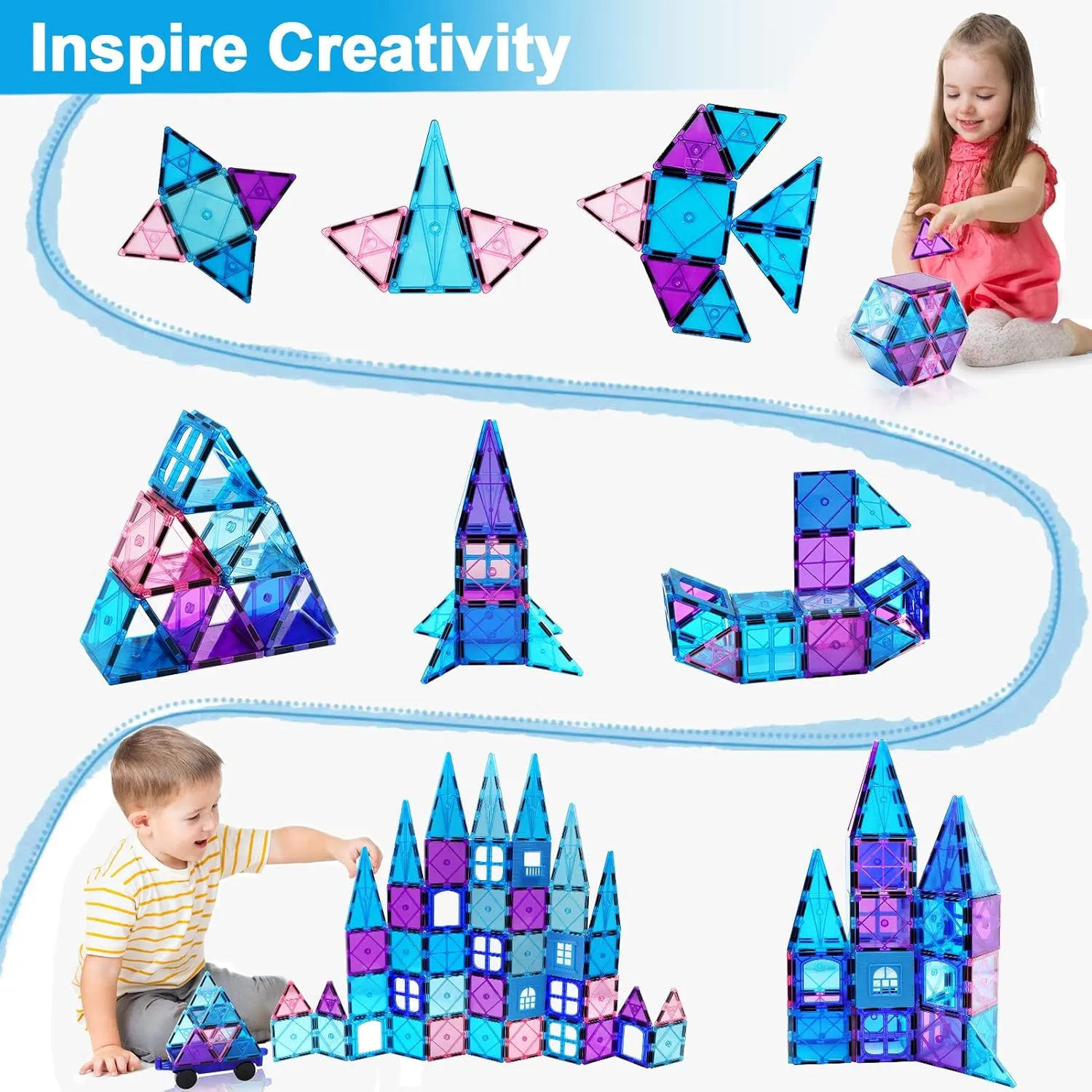 Magnetic Tiles Kids Toys for 3 4 5 6 7 8  Year Old Boys Girls Toys Castle Princess Magnetic Building Blocks Educational Toddler Gifts Toy Age 2-4 5 6-8 Year Old Girl Boy Birthday