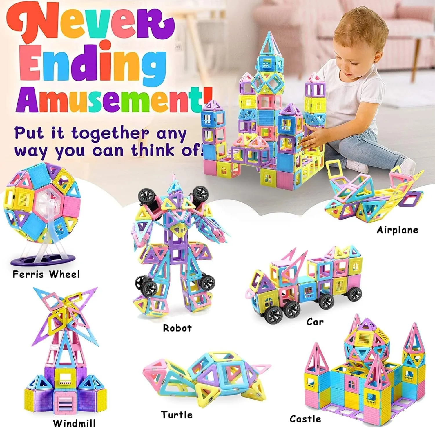 Magnetic Tiles Magnet Blocks for 3 4 5 6 7  Year Old Boys Girls Macaron Castle Magnetic Building Blocks for Toddlers 3-5, 4-8, Building Blocks for Kids Ages 3  Birthday Gifts 124pcs