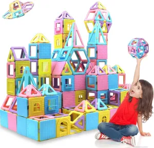 Magnetic Tiles Magnet Blocks for 3 4 5 6 7  Year Old Boys Girls Macaron Castle Magnetic Building Blocks for Toddlers 3-5, 4-8, Building Blocks for Kids Ages 3  Birthday Gifts 124pcs