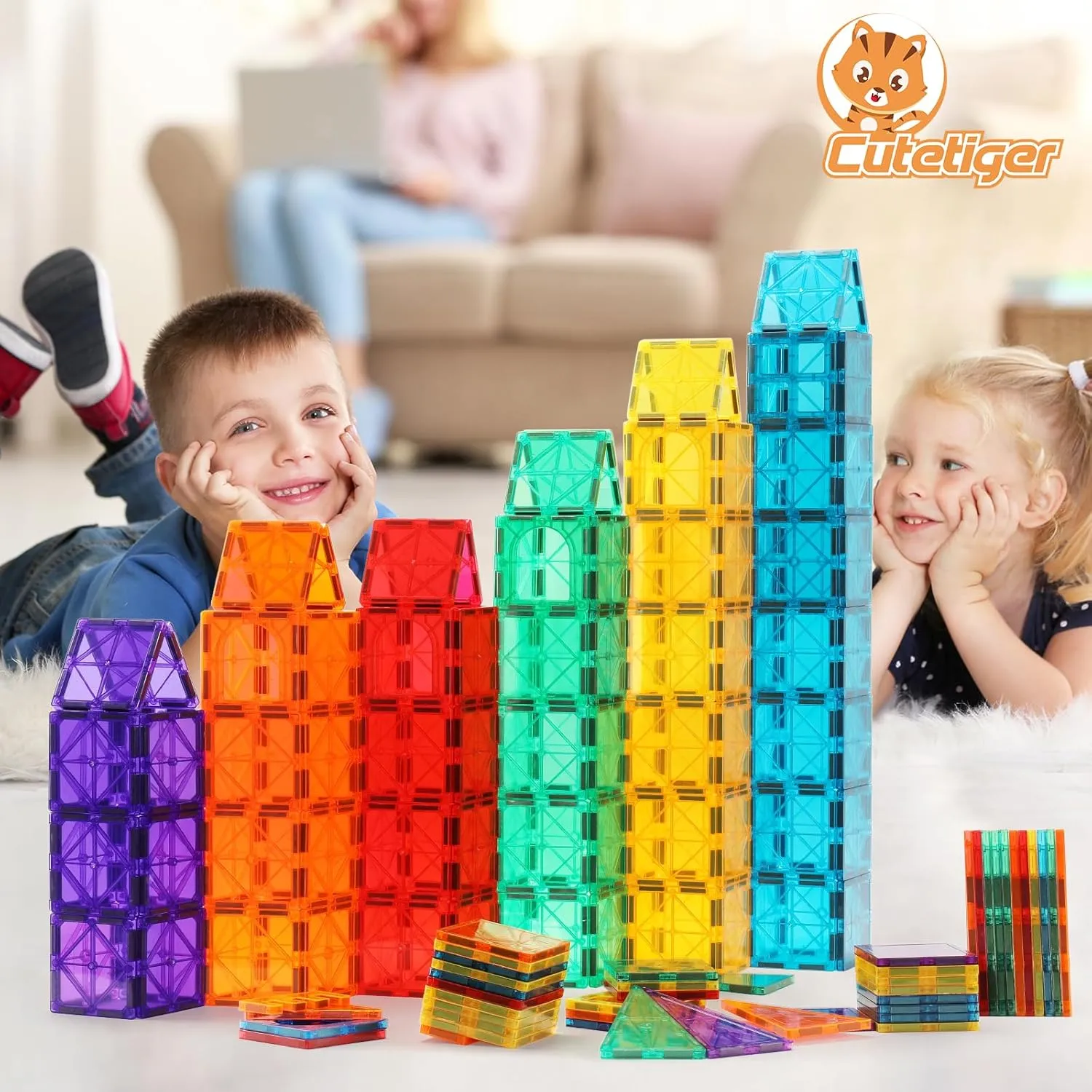 Magnetic Tiles, Magnet Tiles, Magnetic Building Blocks, Square Building Castle, Preschool Toys, STEM Stacking Construction Toys for Boys Girls 3 Years up
