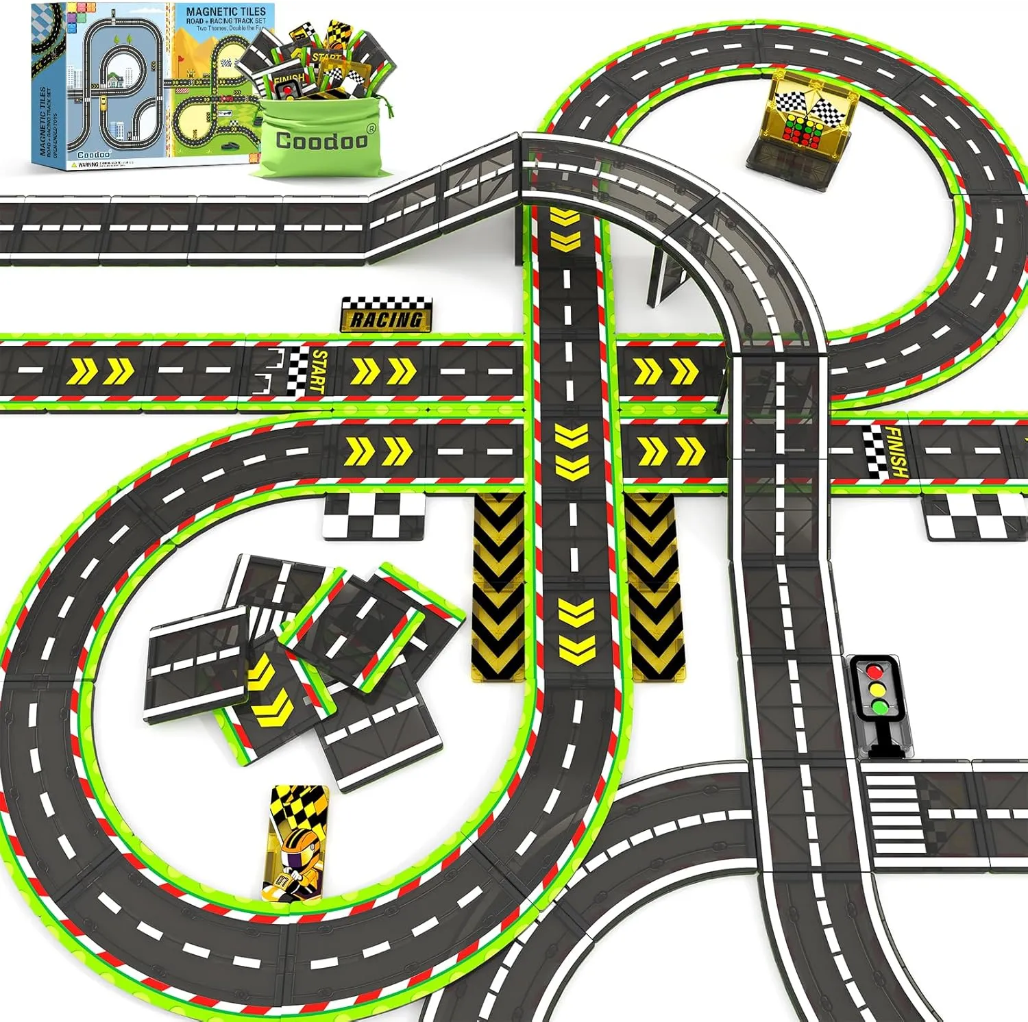 Magnetic Tiles Racing Track & City Road Expansion Pack - STEM Learning Montessori Toys for Toddler Magnetic Blocks Building Kids Toys for 3  Year Old Boys & Girls, Sensory Play Kids Games