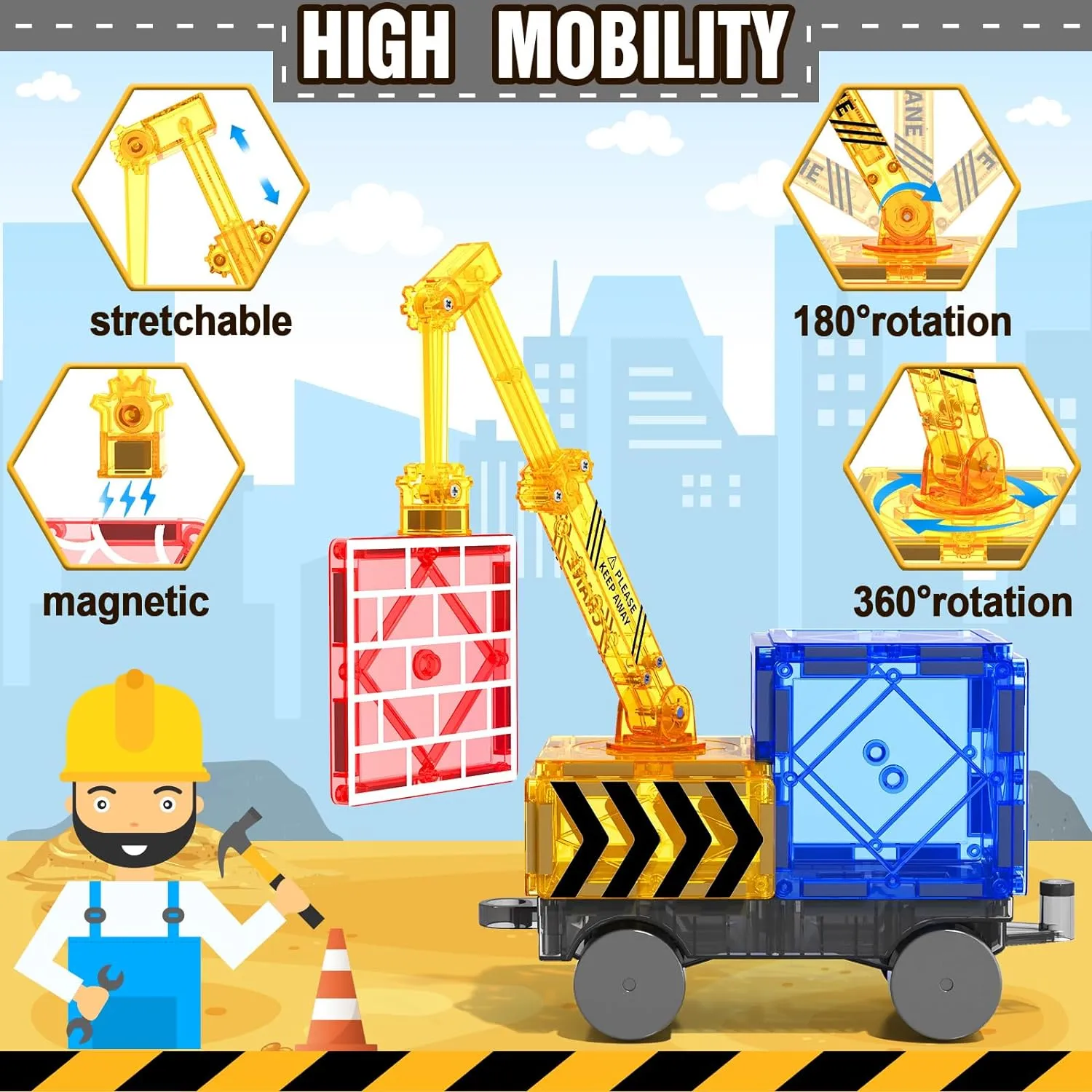 Magnetic Tiles Road Set with Magnet Crane Car, Construction Toys for Kids Ages 3-5 4-8 5-7, Creative Magnetic Building Blocks Toddler Toys, Gifts for 3  Year Old Boys & Girls