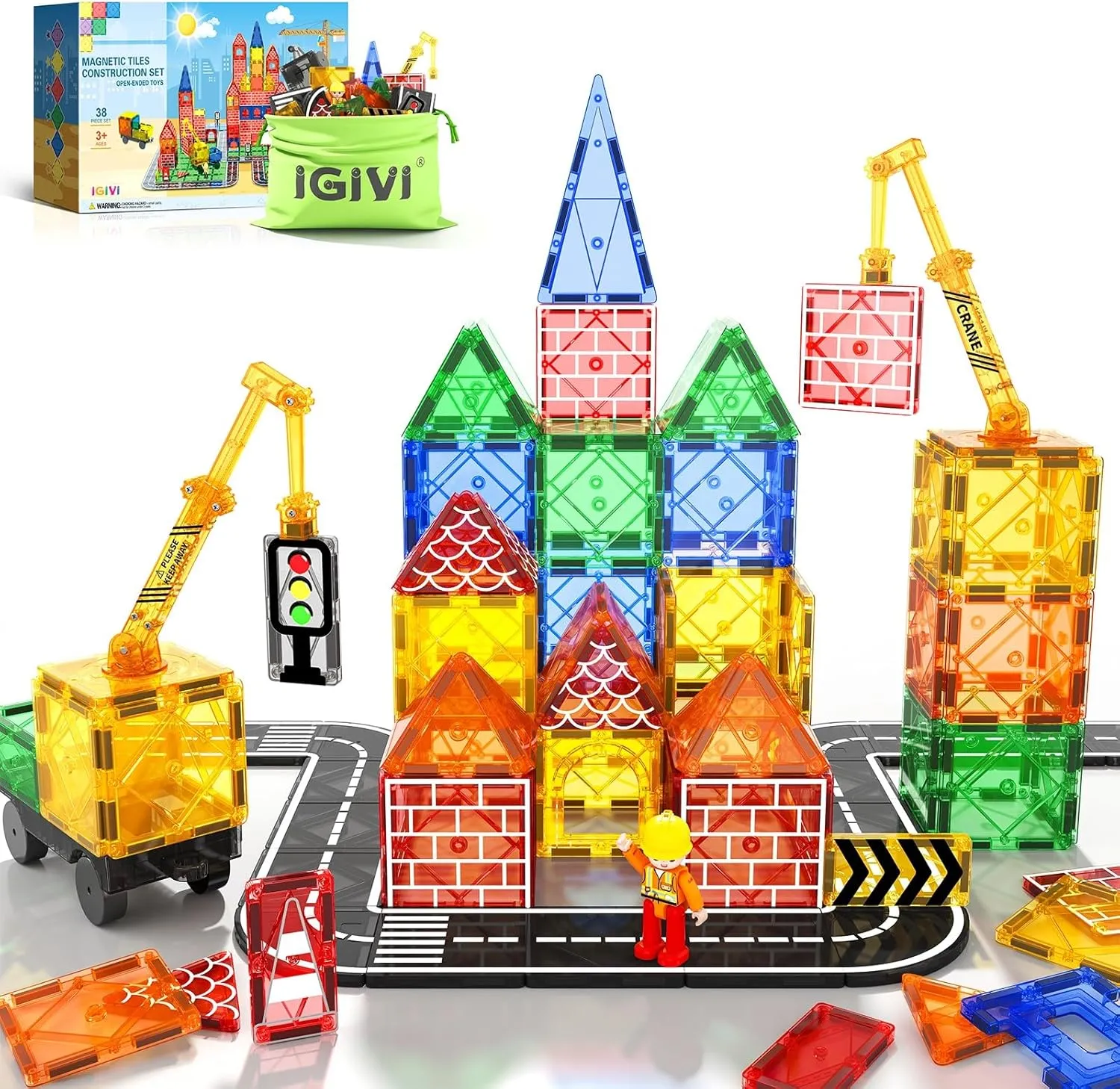 Magnetic Tiles Road Set with Magnet Crane Car, Construction Toys for Kids Ages 3-5 4-8 5-7, Creative Magnetic Building Blocks Toddler Toys, Gifts for 3  Year Old Boys & Girls