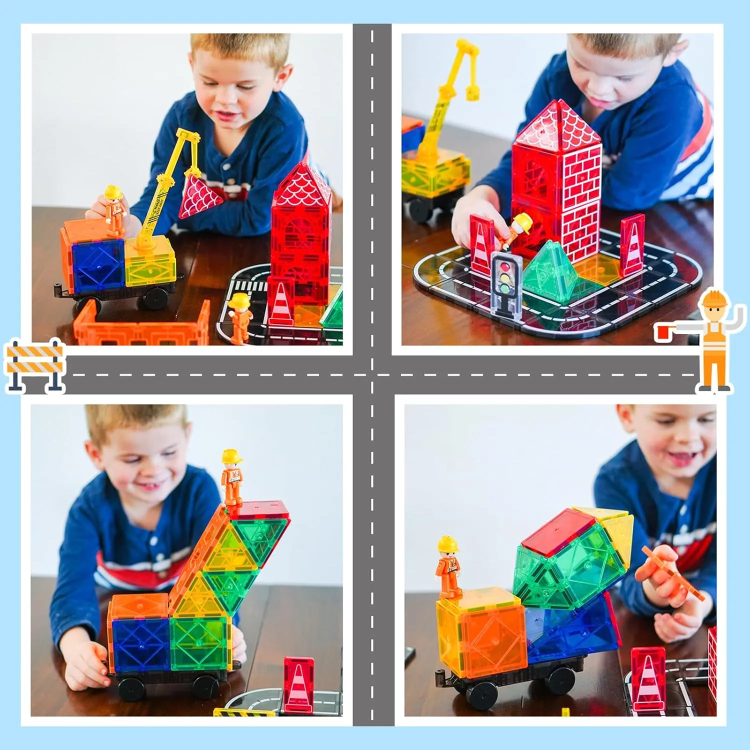 Magnetic Tiles Road Set with Magnet Crane Car, Construction Toys for Kids Ages 3-5 4-8 5-7, Creative Magnetic Building Blocks Toddler Toys, Gifts for 3  Year Old Boys & Girls