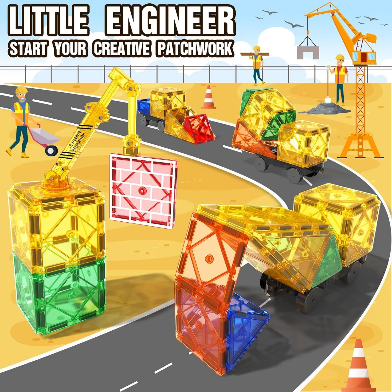 Magnetic Tiles Road Set with Magnet Crane Car, Construction Toys for Kids Ages 3-5 4-8 5-7, Creative Magnetic Building Blocks Toddler Toys, Gifts for 3  Year Old Boys & Girls