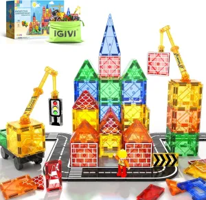 Magnetic Tiles Road Set with Magnet Crane Car, Construction Toys for Kids Ages 3-5 4-8 5-7, Creative Magnetic Building Blocks Toddler Toys, Gifts for 3  Year Old Boys & Girls