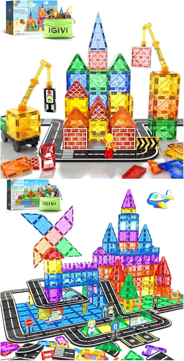 Magnetic Tiles Road Set with Magnet Crane Car Toys, Construction Toys for Kids Ages 3-5 4-8 5-7，STEM Magnet Building Blocks for Kids Toddler Toys Games, Idea Birthday Gifts for 3  Year Old Boy & Girl