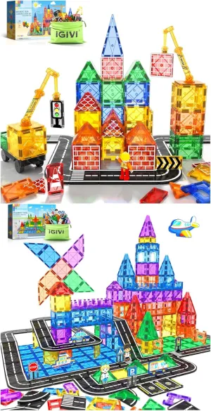 Magnetic Tiles Road Set with Magnet Crane Car Toys, Construction Toys for Kids Ages 3-5 4-8 5-7，STEM Magnet Building Blocks for Kids Toddler Toys Games, Idea Birthday Gifts for 3  Year Old Boy & Girl