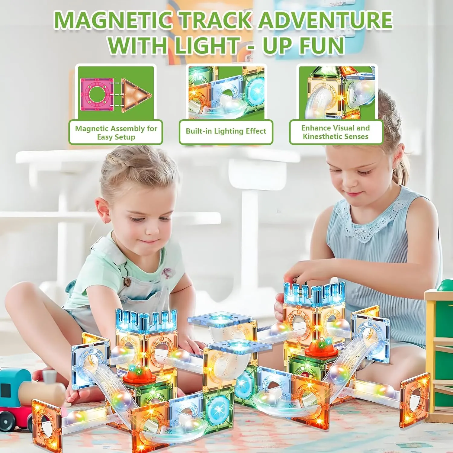 Magnetic Tiles with Marble Run STEM Building Blocks Toys for Boys & Girls Ages 3-12 Children 3D Educational Stacking Game for Birthdays Classrooms (54Pcs Magnetic Marble Run)