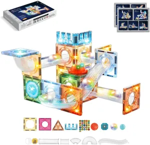 Magnetic Tiles with Marble Run STEM Building Blocks Toys for Boys & Girls Ages 3-12 Children 3D Educational Stacking Game for Birthdays Classrooms (54Pcs Magnetic Marble Run)