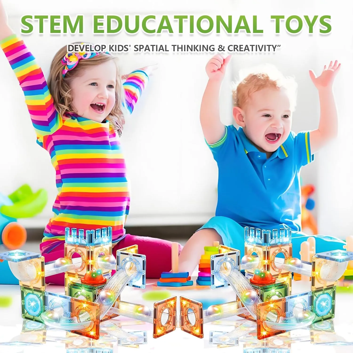 Magnetic Tiles with Marble Run STEM Building Blocks Toys for Boys & Girls Ages 3-12 Children 3D Educational Stacking Game for Birthdays Classrooms (54Pcs Magnetic Marble Run)
