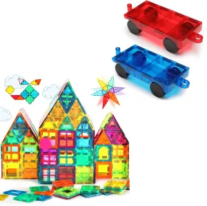 Magnetic Tiles,60PCS and 2 Cars Set Magnet Tiles, Magnetic Building Blocks, Square Building Castle,