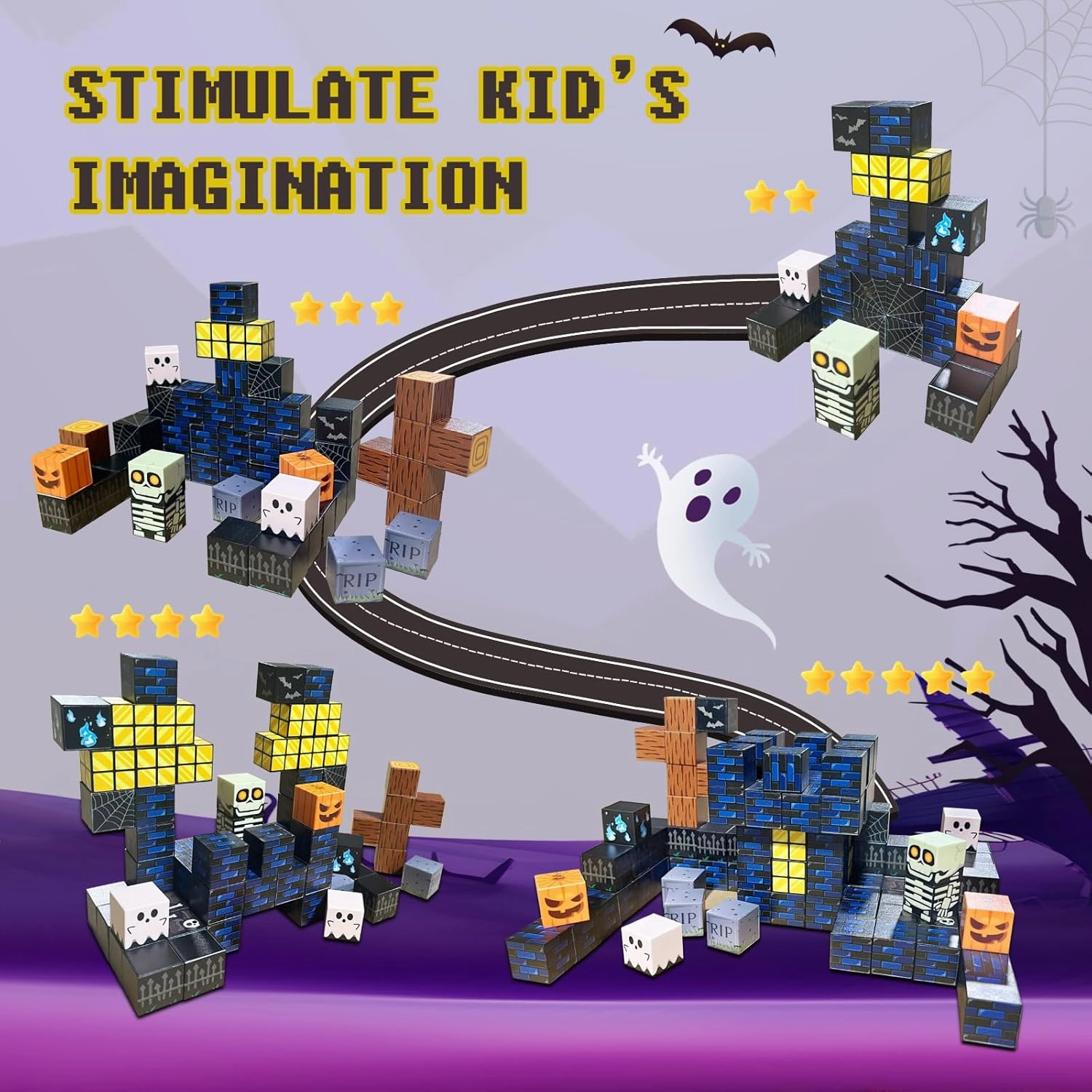 Magnetic Blocks - Magnet Building Cube Game, Halloween Graveyard Castle Building Blocks Set for Kids Ages 3 , STEM Montessori Stacking Toy, Sensory Tiles Building Gift for Toddlers