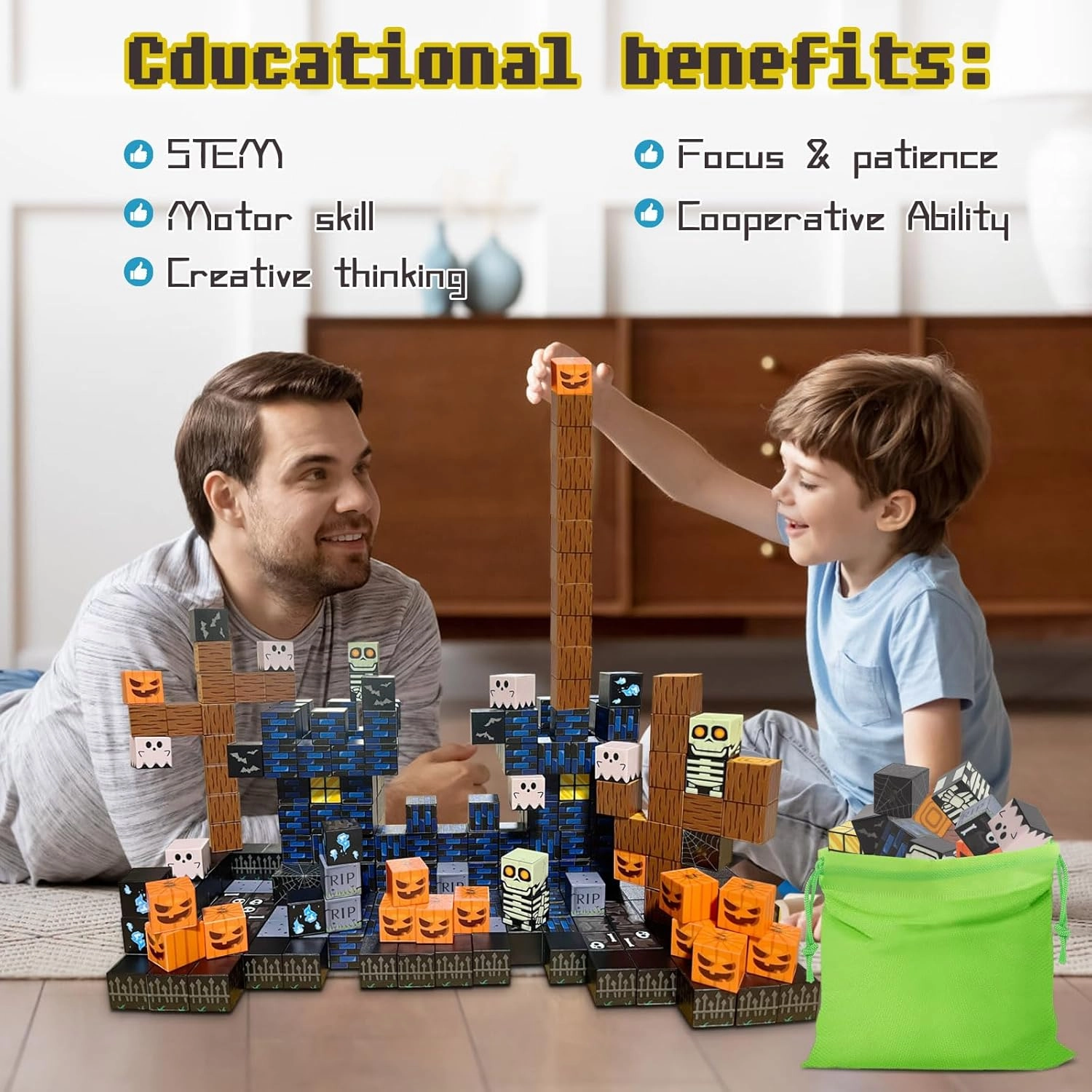 Magnetic Blocks - Magnet Building Cube Game, Halloween Graveyard Castle Building Blocks Set for Kids Ages 3 , STEM Montessori Stacking Toy, Sensory Tiles Building Gift for Toddlers