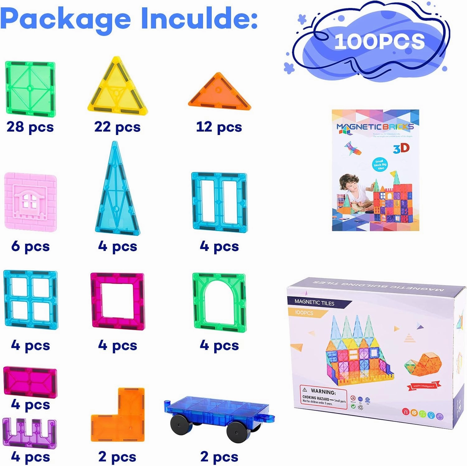 Magnetic Tiles 100PCS with 2 Cars, STEM Educational Building Blocks for Kids Ages 3-9, Magnet Construction Toys Gift for Toddlers