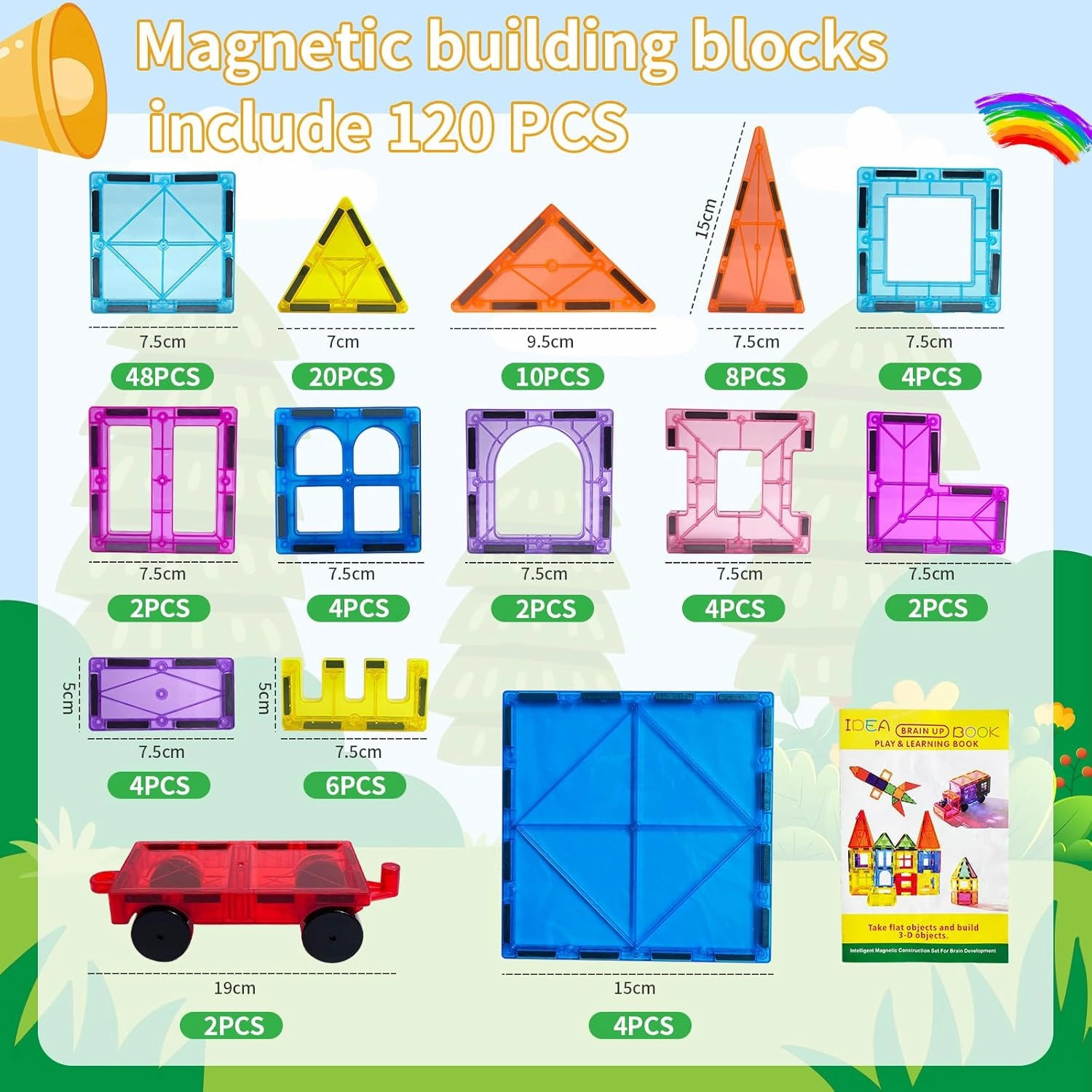 Magnetic Tiles 120PCS Kids Games Toy Building Blocks STEM Classroom Educational Learning Sensory Montessori Magnet Toys for Toddler Boys Girls 3  Year Old with 2 Cars