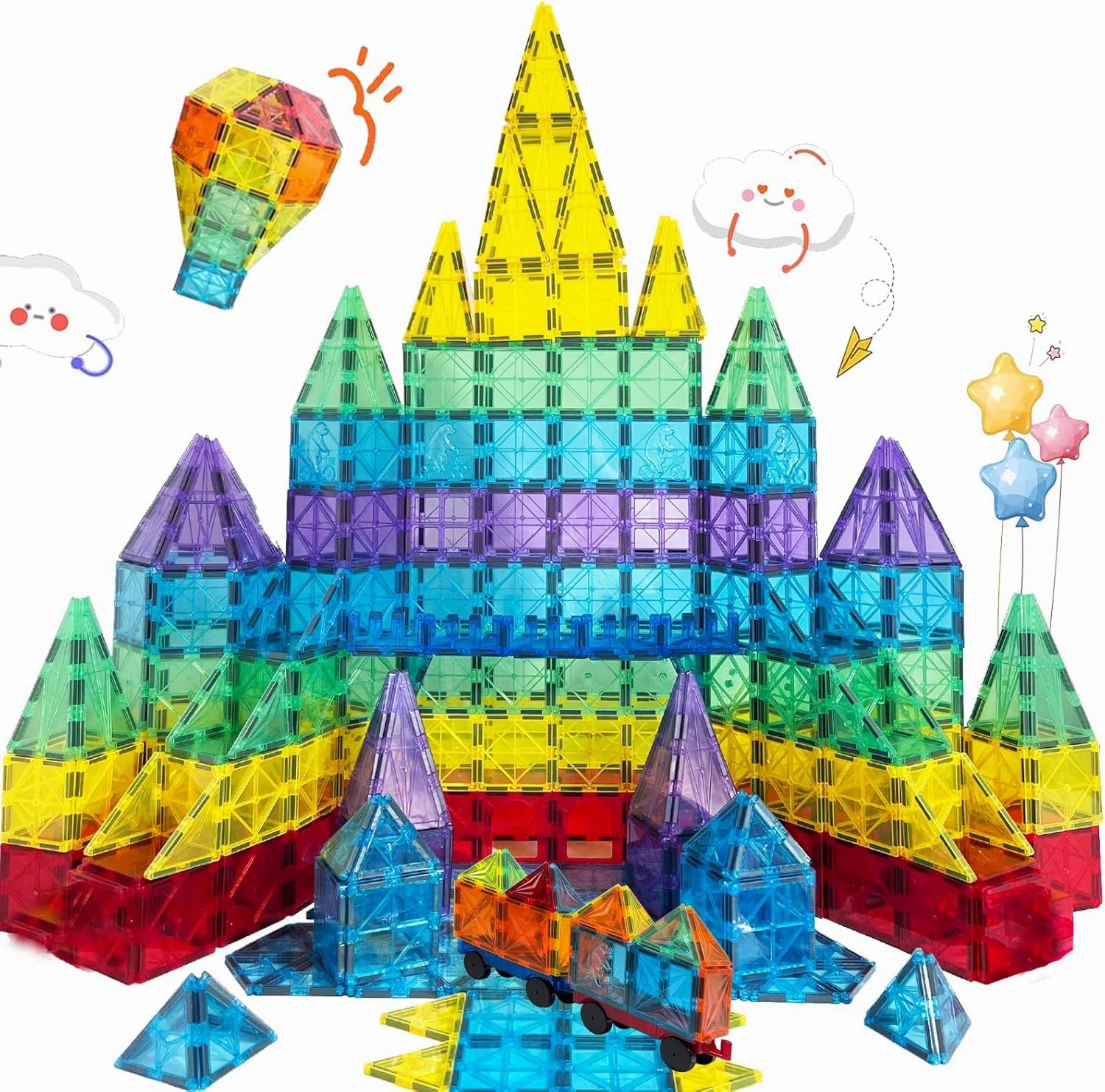 Magnetic Tiles 120PCS Kids Games Toy Building Blocks STEM Classroom Educational Learning Sensory Montessori Magnet Toys for Toddler Boys Girls 3  Year Old with 2 Cars