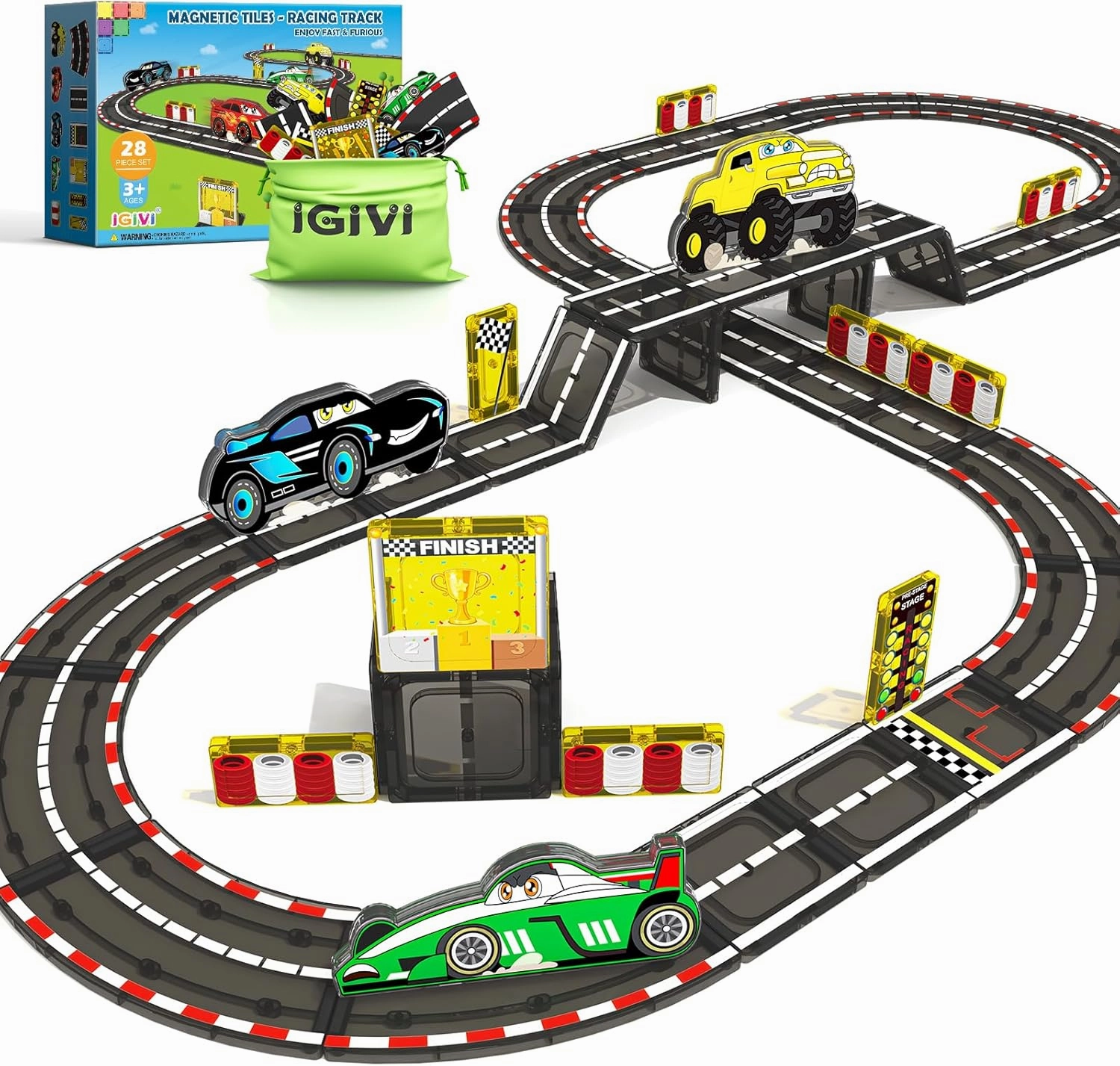 Magnetic Tiles Racing Track & Road Expansion Set with Magnet Car, Magnetic Block Building Toys Games for Toddler Kids, STEM Montessori Toys for 3  Year Old Boys & Girls, Car Lovers Must Haves