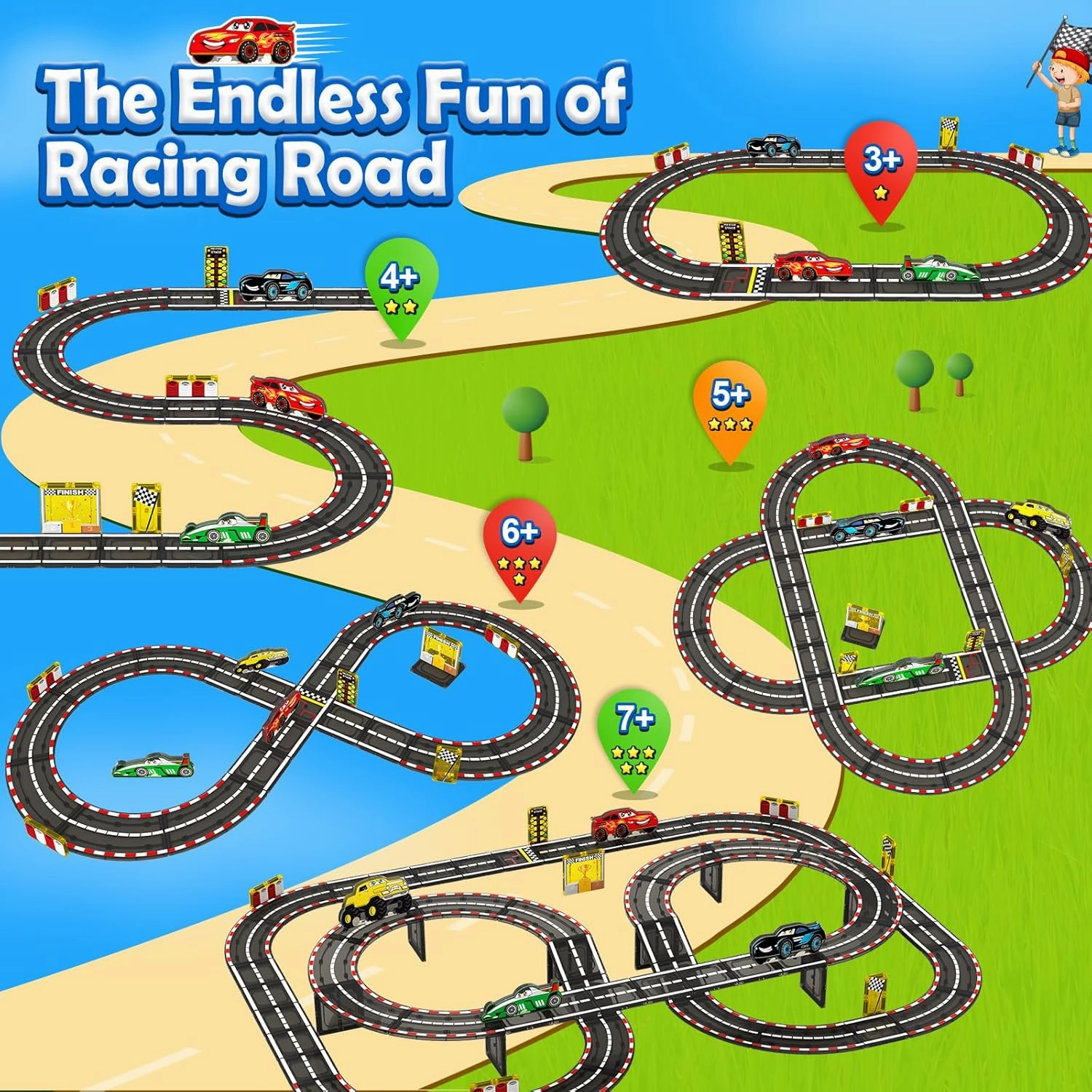 Magnetic Tiles Racing Track & Road Expansion Set with Magnet Car, Magnetic Block Building Toys Games for Toddler Kids, STEM Montessori Toys for 3  Year Old Boys & Girls, Car Lovers Must Haves