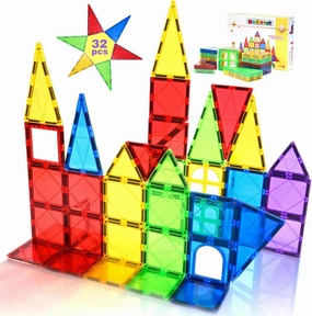 Magnetic Tiles Toys for Kids Preschool Learning, Magnetic Blocks Sensory Montessori Toys Set All Pieces with Magnets, Ideal STEM Educational Construction Gifts for 3  Year Old Boys and Girls 32PCS