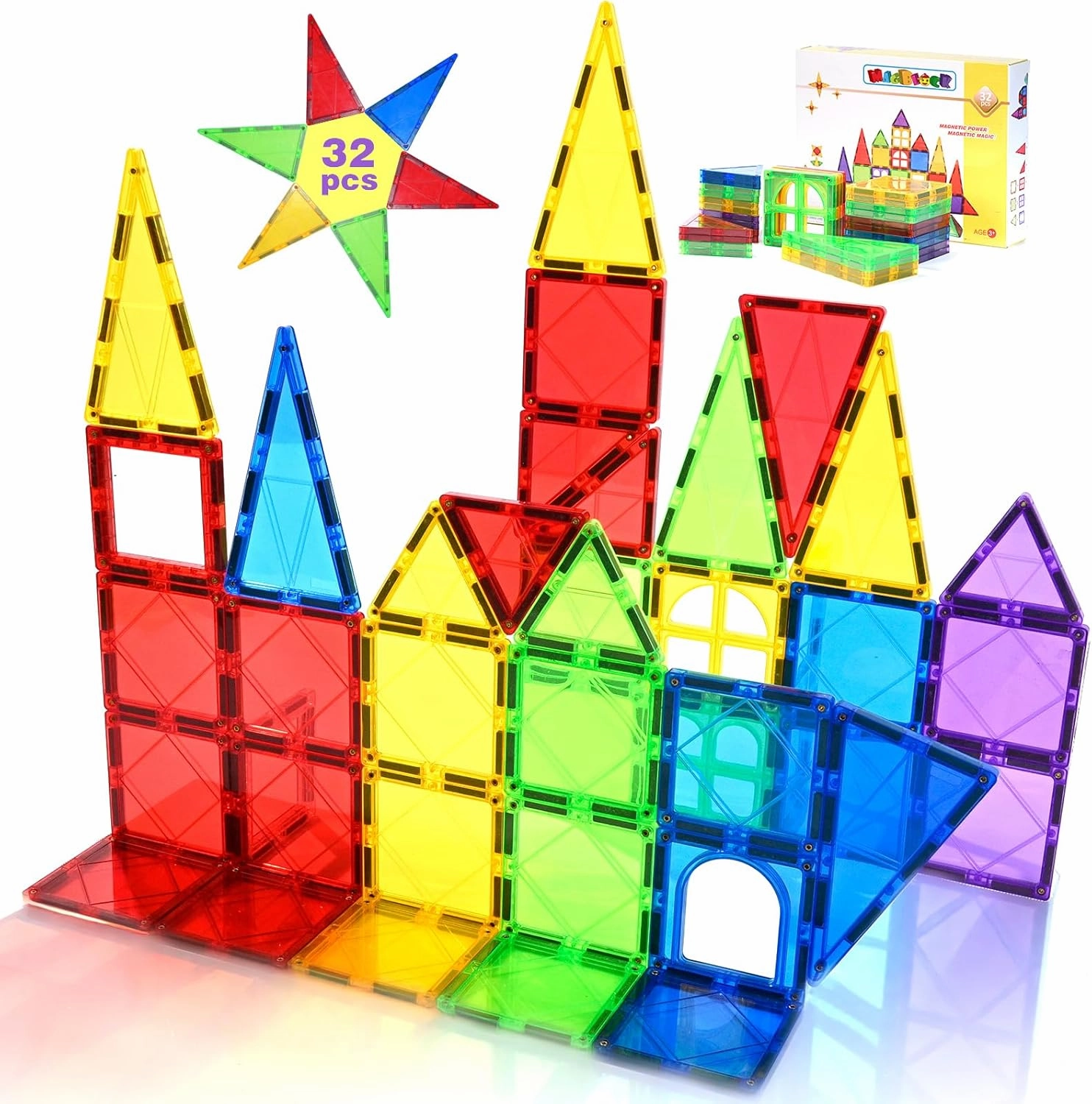 Magnetic Tiles Toys for Kids Preschool Learning, Magnetic Blocks Sensory Montessori Toys Set All Pieces with Magnets, Ideal STEM Educational Construction Gifts for 3  Year Old Boys and Girls 32PCS
