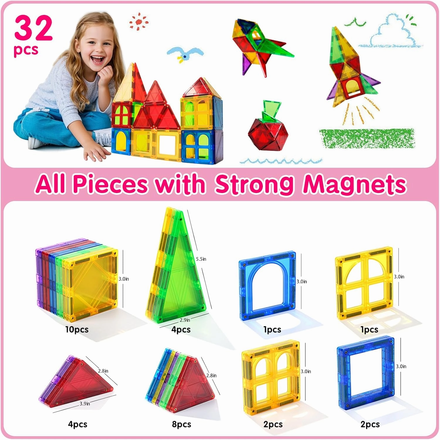 Magnetic Tiles Toys for Kids Preschool Learning, Magnetic Blocks Sensory Montessori Toys Set All Pieces with Magnets, Ideal STEM Educational Construction Gifts for 3  Year Old Boys and Girls 32PCS
